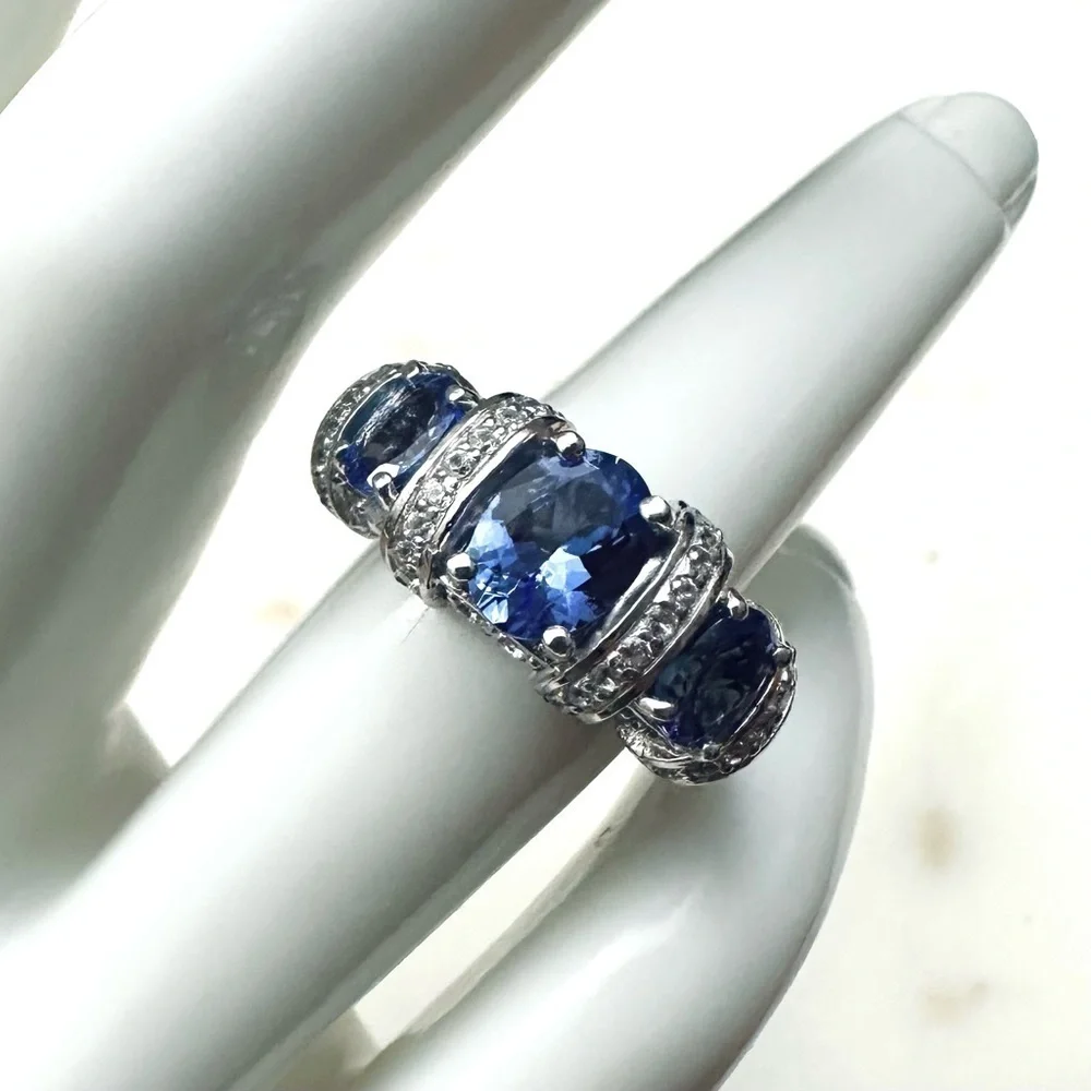 3 Stone Blue Tanzanite | White Zircon Rhodium over Sterling Silver Ring 2.44ctw